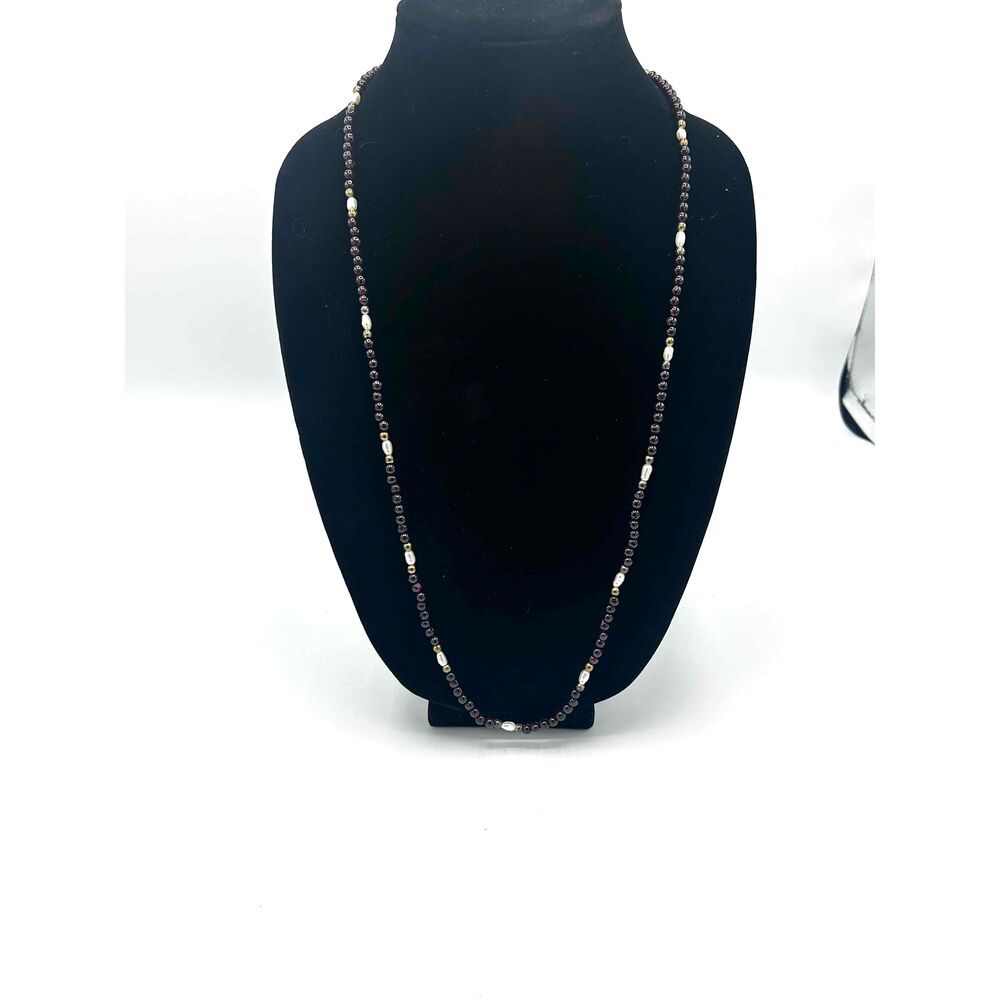 Garnet And Pearl Necklace Dark Beads Pearl Accents Unisex Style